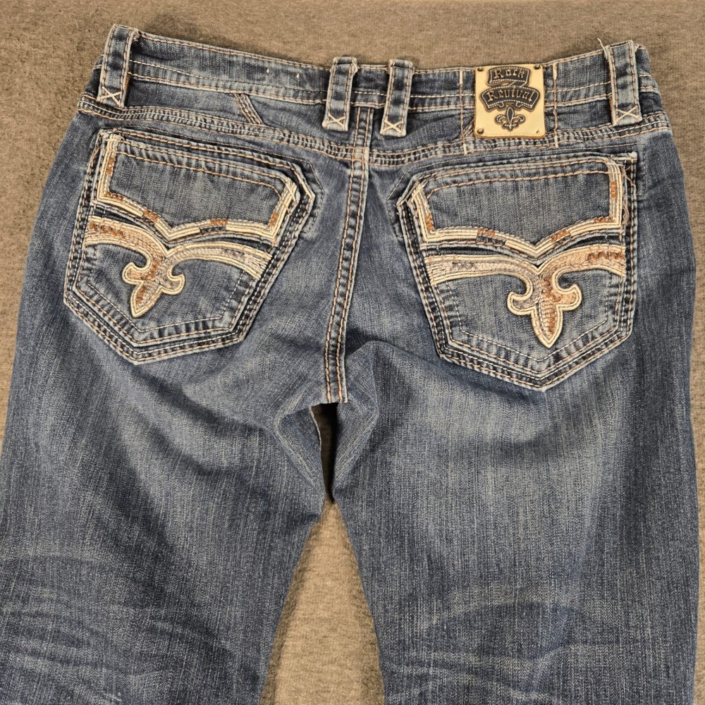 Rock Revival Baram Bootcut Jeans Mens 40x30 Distressed Heavy Stitch Embroidered